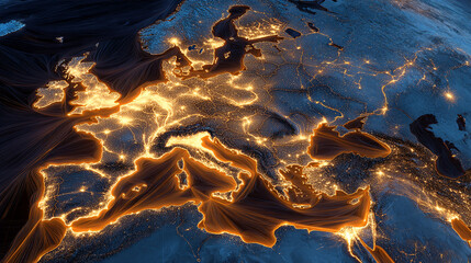 Fototapeta premium Stylized nighttime map of Europe, illuminated cities and connecting lines, showing infrastructure and connectivity, representing global network and communication