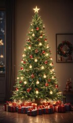 Dazzling Christmas tree, glowing lights, abundant gifts ,  Christmas joy,  shine