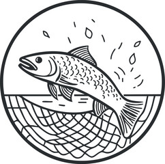 Black and white outline drawing of a fish caught in a fishing net jumping out of water in a circular frame
