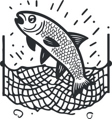 Illustration of a fish caught in a fishing net symbolizing fishing, seafood, and marine life.