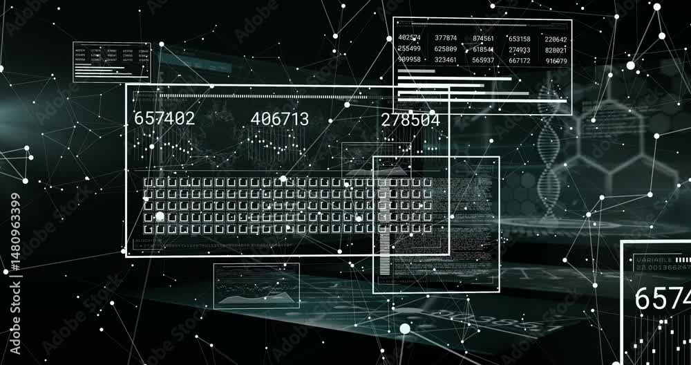 Poster Floating clear dashboard displaying numeric readouts and graphs over green 3D network interface