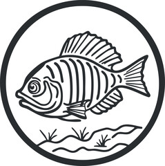 Black and white line art illustration of a fish swimming underwater with seaweed in circular frame