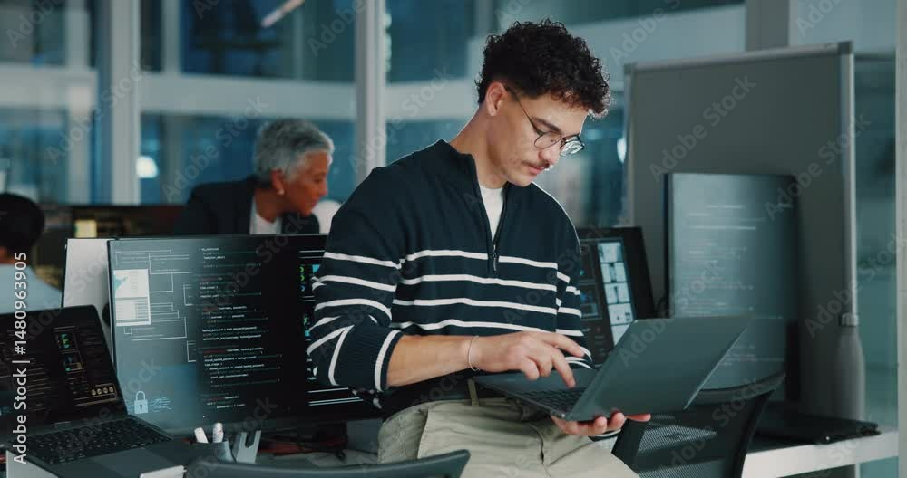 Aufkleber Business people, coding and man with laptop, thinking and problem solving with software update. Person, programming and employee in workplace, computer screen and tech expert with web design and html