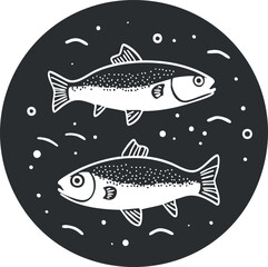 Black and white illustration of two fish swimming in water with bubbles and waves around them