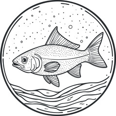 Black and white line art illustration of a fish swimming underwater within a circular frame with water and bubbles