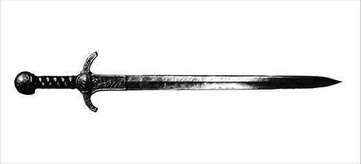 Artistic drawing of medieval knight or Viking sword in graphic pen style, vector illustration isolated on white background