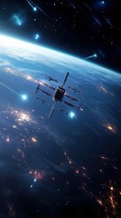 Fototapeta premium Satellite formation, meteor shower, Earth's nightlights.