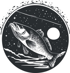 Black and white illustration of a bass fish jumping out of water at night with moon and stars background