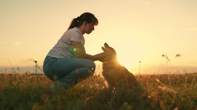 Owner stroking red dog sunset during hike. Owner trains pet, park. Woman strokes dog spaniel with hand, outdoors. Dog sitting next its owner. Concept human animal friendship. Dog get caress from owner