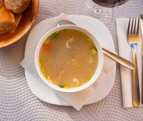Traditional Spanish dish cocido chickpea stew with meat and vegetables