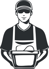 Illustration of a delivery worker wearing a cap and sunglasses holding a box in front view