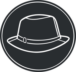 Black and white outline icon of a fedora hat with a band and buckle in a circular frame