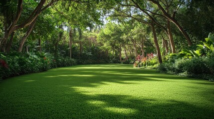 Obraz premium Lush green lawn in a tropical garden with sunlight filtering through trees.