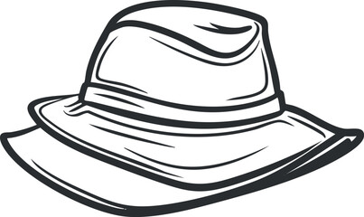 Black and white outline drawing of a classic fedora hat with a wide brim and indented crown