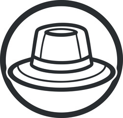 Black and white line art icon of a fedora hat inside a circular frame symbolizing headwear fashion accessory