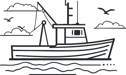 Black and white line art of a fishing boat on the sea with birds flying and clouds in the sky