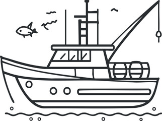 Black and white line drawing of a fishing boat on the sea with fish and birds around it