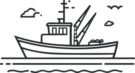 Line art illustration of a fishing boat on water with clouds and seagulls, nautical transport concept