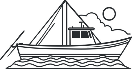 Black and white line drawing of a fishing boat with sail and fishing rod on water with sun and clouds