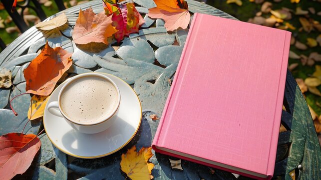 Blank pink book cover placed on garden table with cup of coffee beside it,drink,morning