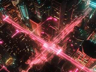 Fototapeta premium Night cityscape, intersecting roads, vibrant light trails.