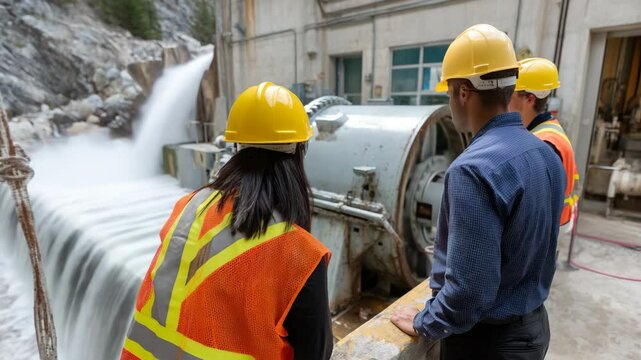 This image shows engineers examining an industrial hydropower facility, highlighting the machinery and water flow in a dynamic, energy-producing environment.