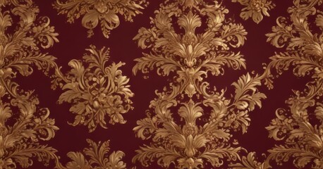 Intricate gold floral damask on deep burgundy, ornate, tapestry