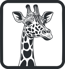Naklejka premium Black and white illustration of a giraffe head with detailed spots and expressive eyes in a square frame