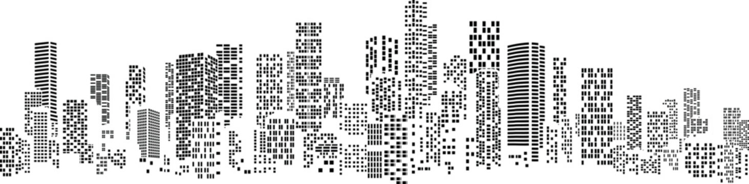 black silhouette of a big city with skyscrapers only windows without background