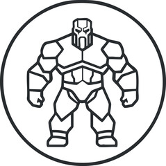 Obraz premium Outline icon of a futuristic muscular robot warrior standing inside a circle symbol