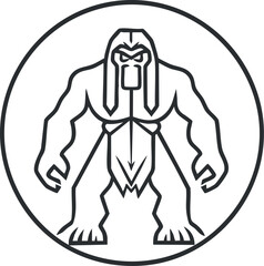 Black line art illustration of a fierce monster creature with muscular arms and legs inside a circular frame.