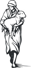 Black and white illustration of a woman shepherd carrying a sheep in a rural pastoral setting.