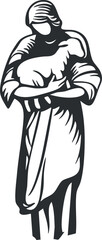 Black and white illustration of a woman gently holding a lamb symbolizing care and protection