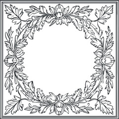 Fototapeta premium Decorative vintage floral border frame with ornate leaves and flower elements in black and white