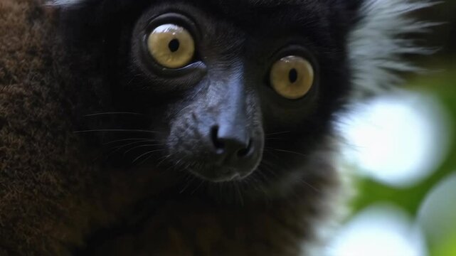 Red-ruffed lemur perched on tree branch in lush forest