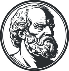Black and white vintage portrait of an ancient philosopher with beard inside a circle frame