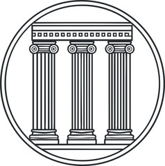 Illustration of three classical architectural columns with decorative capitals inside a circular frame