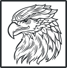 Black and white line art illustration of a fierce eagle head with detailed feathers and beak