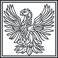 Black and white line art illustration of an eagle with spread wings in a framed square design