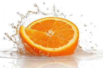 Half of an orange with a splash of water on a white background showing freshness