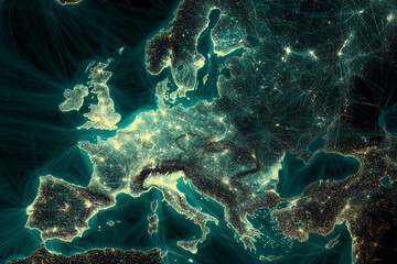 Fototapeta premium Europe nighttime image, city lights and transportation routes visualized, teal and gold color scheme, showcasing connectivity and global network