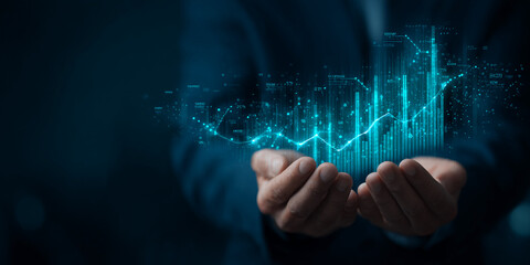 Glowing cyan graph floats above cupped hands, symbolizing data management, growth, and financial success in business, showcasing technological advancement