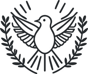 Black and white line drawing of a dove with spread wings and laurel branches symbolizing peace and freedom