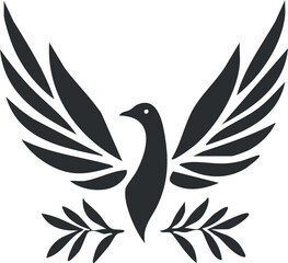 Black silhouette of a flying dove with outstretched wings holding olive branches symbolizing peace and freedom