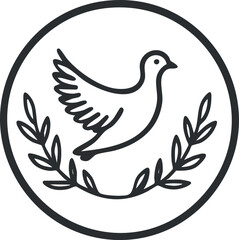 Simple black line icon of a flying dove with olive branches inside a circle symbolizing peace and freedom.