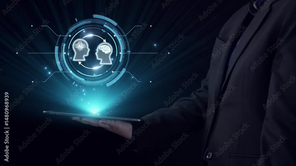 Poster human interact with ai artificial intelligence brain processor in concept of ai artificial intellige