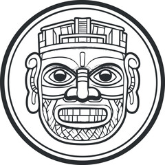 Black and white tribal mask illustration with ornamental patterns inside a circular frame