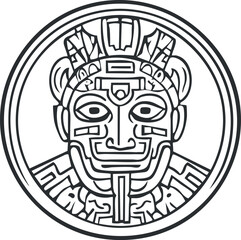 Black and white line art of an ancient Inca tribal mask in circular design symbolizing culture and heritage