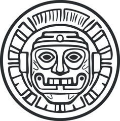 Black and white Aztec tribal mask design in circular stone carving style
