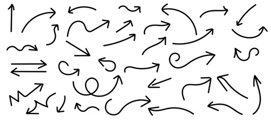 Hand sketched arrow vector icons, hand drawn arrow collection of curved, spiral, and straight arrows for navigation, direction, infographics, presentations, and graphic design
